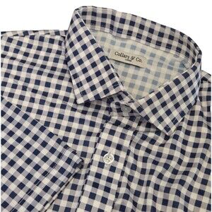 NWOT Collars & Co Mens L Quattro Flex Short Sleeve Button Down Navy Gingham